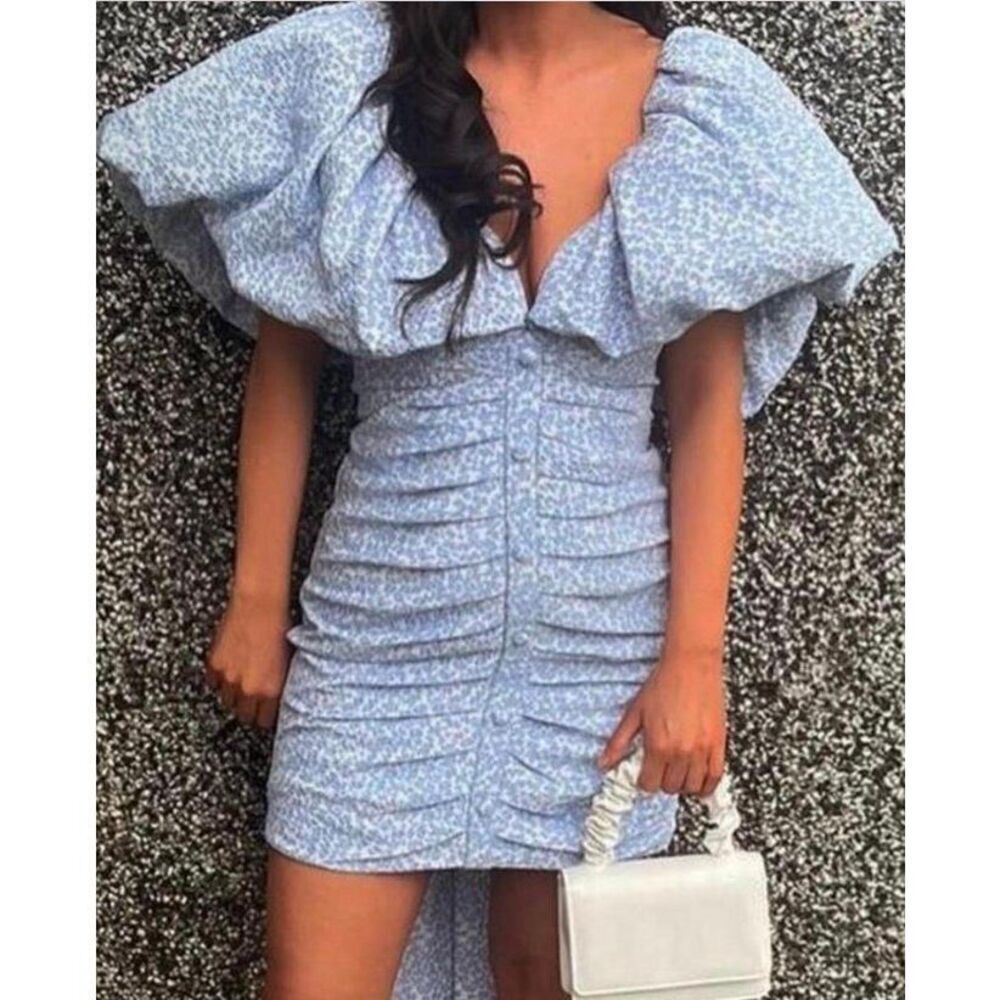 ASOS Luxe Bardot Jacuard Blue Floral Womens Mini Dress Sz 12